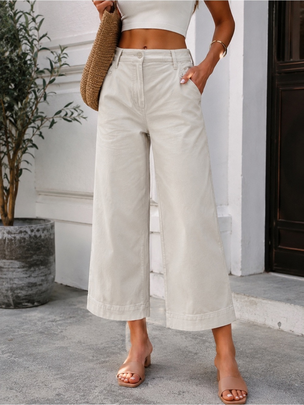 SPANX Wide-Leg Cropped Pants in Beige